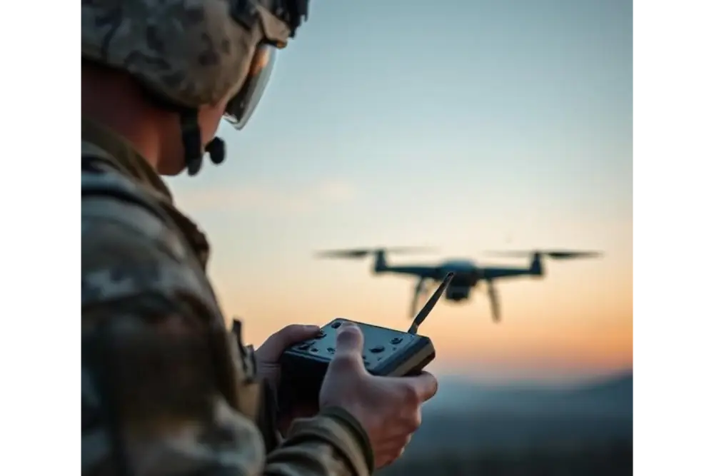 Military-grade drone conducting surveillance in a security operation.